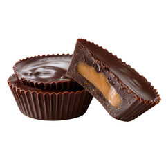 Delicious chocolate cups with caramel filling stacked on top of each other in a simple arrangement