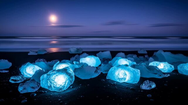 Glowing Jellyfish on Beach at Night.