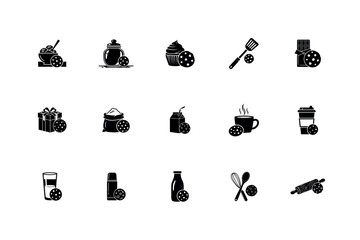 Cookie and Bakery Dessert Silhouette Vector Icon Set with Milk and Coffee