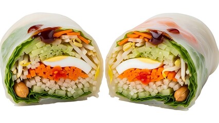 Two halves of a fresh Vietnamese spring roll, showcasing vibrant ingredients like lettuce, carrots, cucumber, egg, and rice vermicelli, drizzled with sauce.
