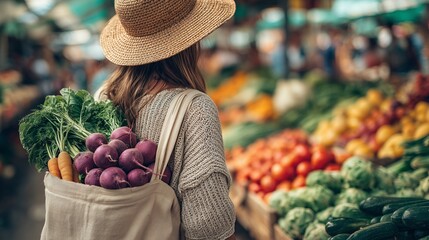 Woman carrying a reusable tote bag filled with fresh produce at local market