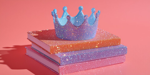 Surreal pastel blue crown floating over sparkling neon notebooks symbolizing knowledge and modern creativity on solid coral background.