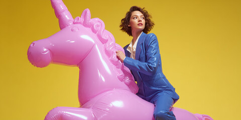 Closeup of woman in cobalt blue power suit riding glossy pink inflatable unicorn symbolizing bold leadership and ambition on soft yellow background.