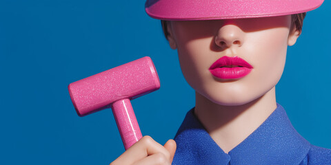 Woman holding glossy pink hammer shaped like a lipstick symbolizing building future with femininity and strength on solid cobalt blue background