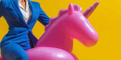 Closeup of woman in cobalt blue power suit riding glossy pink inflatable unicorn symbolizing bold leadership and ambition on soft yellow background.