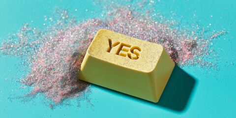 Pastel yellow keyboard key labeled YES exploding into glitter symbolizing boundaries and confident decision making on solid hot turquoise background.