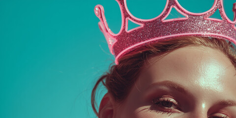 Neon pink crown floating above woman head representing self worth and inner authority on solid sky blue background.