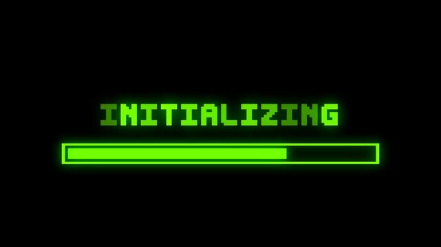 8 bit pixel Initializing text animation with a glowing green progress bar on a black background