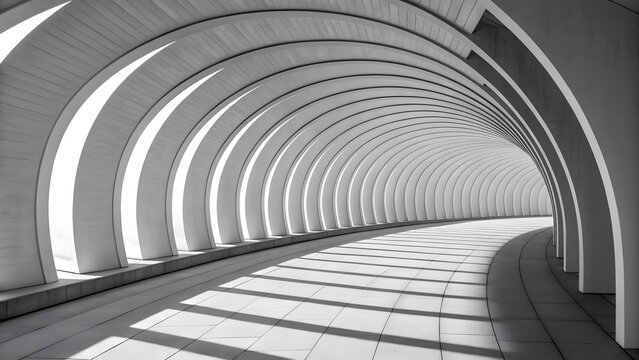 Modern architectural tunnel with repeating arched sections and dramatic light shadows