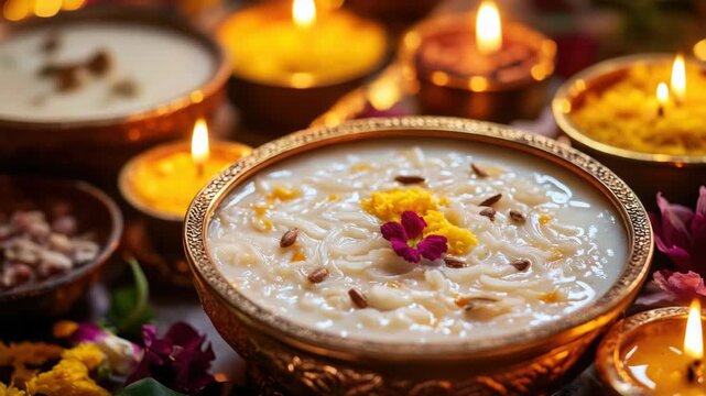 A bowl of rice with nuts and spices is illuminated by candles during a festival celebration. The dish rests among other small bowls filled with colorful condiments