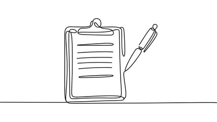 minimal line art clipboard with pen, simple outline checklist document illustration, modern office stationery concept for business and education