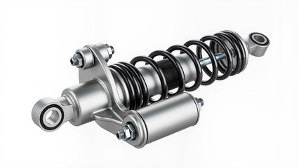 Generic automotive shock absorber with integrated coil spring, isolated on a white background, showing detailed metal components and suspension design for vehicle repair, maintenance, and engineering 