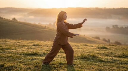 Woman Practicing Tai Chi in Misty Meadow at Golden Hour