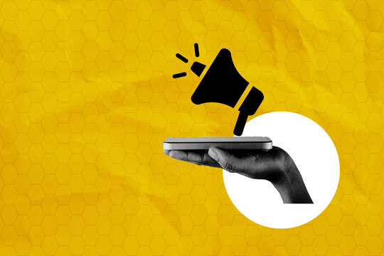 Digital marketing concept. Halftone hand holding smartphone with megaphone symbol. Mobile advertising, social media promotion, and public relations strategy on yellow background.,mixed media style.