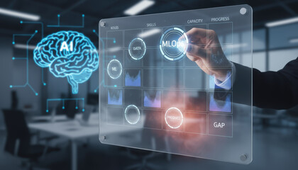 Ai strategy roadmap ai transformation business digital dashboard with mLOps workflow and analytics interface modern office inspiring collaboration