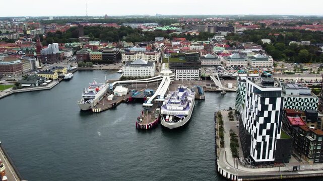 Ferry at Helsingborg Ferry Terminal, Aerial Establishing shot