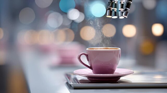 Robot hand pouring hot beverage into elegant cup with bokeh background
