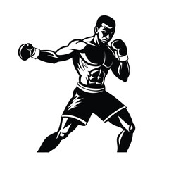 Black Silhouette Athlete Boxer,Boxing silhouette art fighter in stance gloves hanging Athlete shadow fitness fight vector art