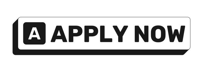 Fototapeta premium Apply now rectangle UI web button. Application submission. User enrollment subscription. Job portal. Black and white clickable bold element. CTA for social media, streaming. Rubik font used