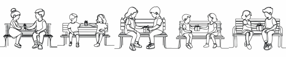 Fototapeta premium line art of little friend sitting on bench park giving gifts