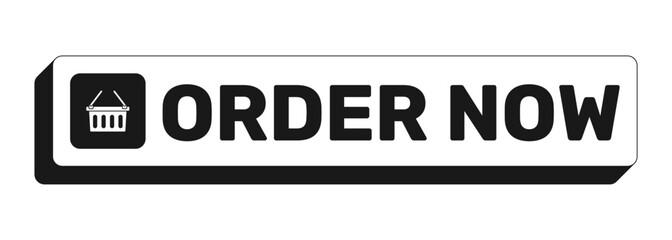 Fototapeta premium Order now rectangle UI web button. Online checkout. Product ecommerce. Quick buy item. Place purchase. Black and white clickable bold element. CTA for social media, streaming. Rubik font used
