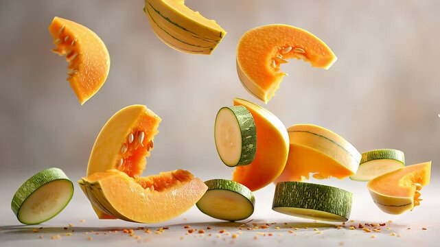 Floating slices of fresh melon and cucumber in mid-air