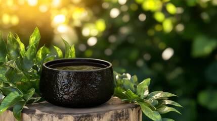 Ayahuasca brew in rustic bowl with Banisteriopsis caapi, mimosa hostilis, psychotria viridis