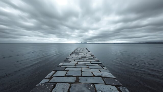 starless. An empty stone dock extending into a vast gray water under overcast sky. travel magazines, destination branding, designed for travel destination branding, elevates destination branding.