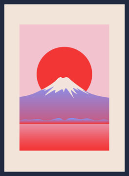 Minimalist abstract landscape with Mount Fuji silhouette, red sun, and soft pastel gradients. Modern flat vector illustration inspired by Japanese aesthetics. Poster and vertical banner