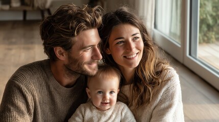 Obraz premium Minimalist Happy Family Scene: Mother, Father, and Baby Playing Together on Light Wood Floor in Living Room with Soft Natural Lighting