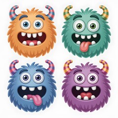 Fototapeta premium four cute furry monsters with horns and playful expressions in vibrant colors