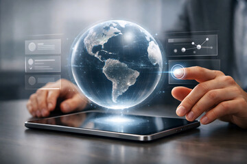 Businessman's hands touching holographic globe with data visualizations