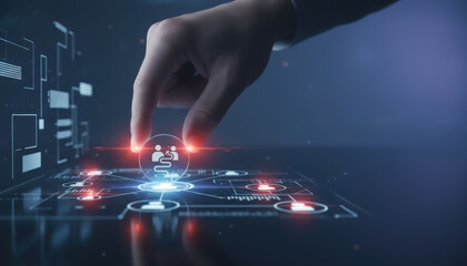 AI strategy roadmap transformation business planning interface with hand interacting with glowing network icons conveying innovation and leadership