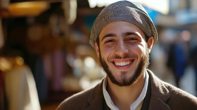 A young male in a suit and tie wearing a patterned headscarf smiling at the camera.