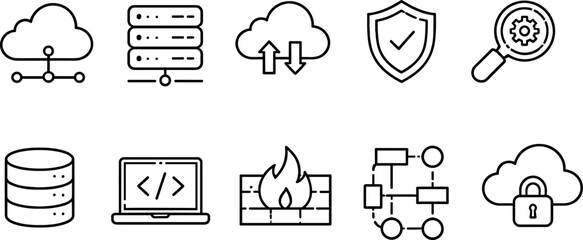 Cloud analytics and monitoring icons set. Data analysis, security, performance and cloud services outline symbols