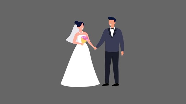 Happy bride and groom with flowers on their wedding day 3d animation