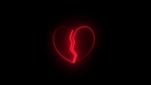 Animation Neon broken red heart icon black background 4k video.