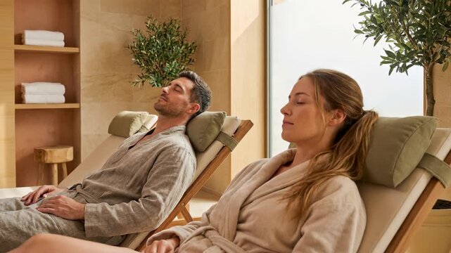 Couple relaxing at a luxury spa resort in bathrobes. Man and woman resting with eyes closed on lounge chairs. Wellness and health concept