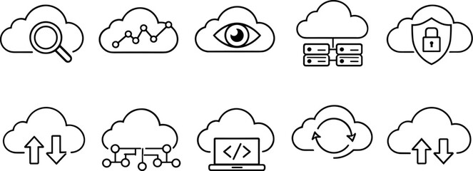 Cloud analytics and monitoring icons set. Data analysis, security, performance and cloud services outline symbols