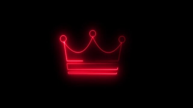 Abstract crown icon 4k animation with neon line frame. Neon Luxury crown outline on black background, glowing border looping king queen crown symbol.