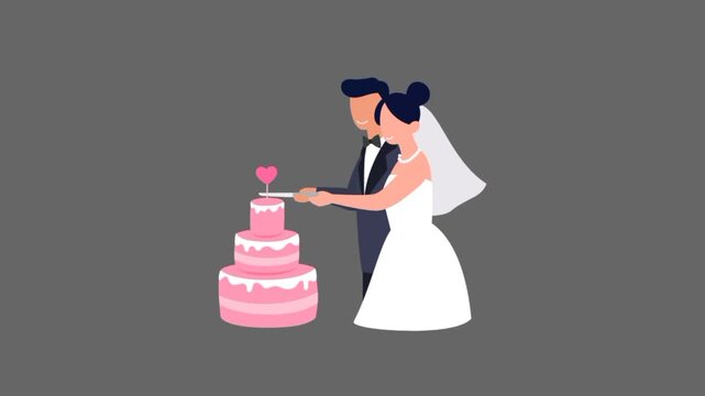 Bride and groom wedding cake cutting 3d animation