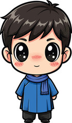 Obraz premium Cute Chibi Boy Character Wearing Blue Scarf and Winter Coat, Kawaii Anime Style Illustration