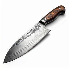 Sharp Steel Chef Knife with Wooden Handle Textured Blade and Dimples Isolated on White Studio Background Dramatic Lighting Kitchen Utensil