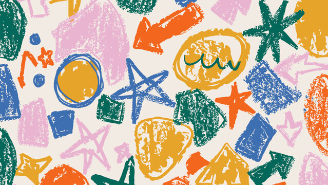 Fun colorful doodle pattern with hand drawn geometric shapes on beige background. Abstract charcoal drawing art. Childish concept backdrop