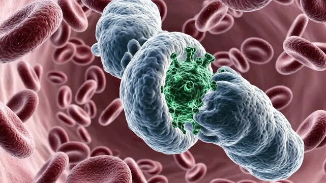 A white blood cell macrophage attacks and engulfs a virus inside a blood vessel. 3D animation of phagocytosis and the immune system response to infection
