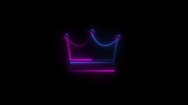 Abstract crown icon 4k animation with neon line frame. Neon Luxury crown outline on black background, glowing border looping king queen crown symbol.