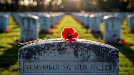 Single red poppy rests atop gravestone honoring fallen soldiers remembrance day