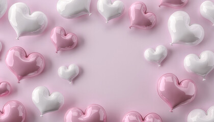 Glossy pink and white heart balloons frame on pastel background with copy space for celebration and greeting card
