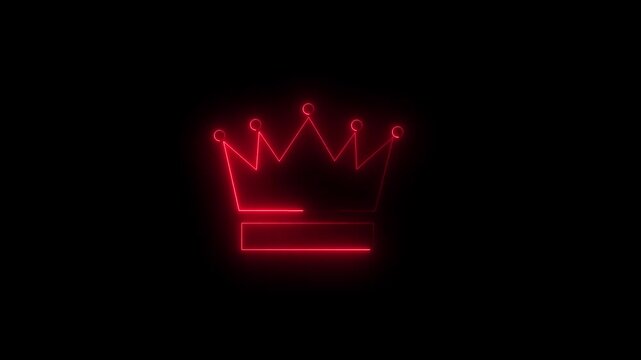 Abstract crown icon 4k animation with neon line frame. Neon Luxury crown outline on black background, glowing border looping king queen crown symbol.