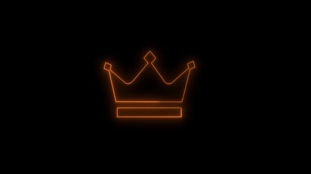 Abstract crown icon 4k animation with neon line frame. Neon Luxury crown outline on black background, glowing border looping king queen crown symbol.